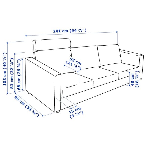 Ikea VIMLE - 3-seater sofa with headrest/Hillared dark blue ,