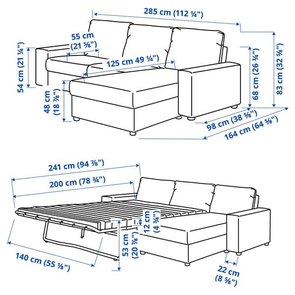 Ikea VIMLE - 3-seater sofa bed/chaise-longue, with wide armrests/Lejde red/brown ,