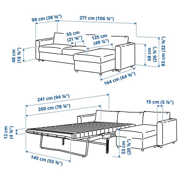 Ikea VIMLE - 3-seater sofa-bed with chaise-longue/Djuparp green-blue ,