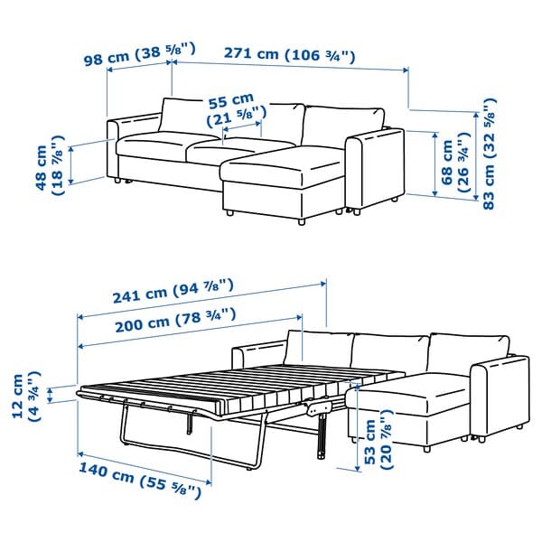 VIMLE - 3-seater sofa bed, with chaise-longue/Lejde grey/black , - best price from Maltashopper.com 69537292