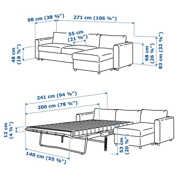 Ikea VIMLE - 3-seater sofa bed, with chaise-longue/Lejde grey/black ,