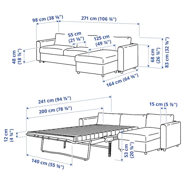 Ikea VIMLE - 3-seater sofa bed, with chaise-longue/Lejde grey/black ,