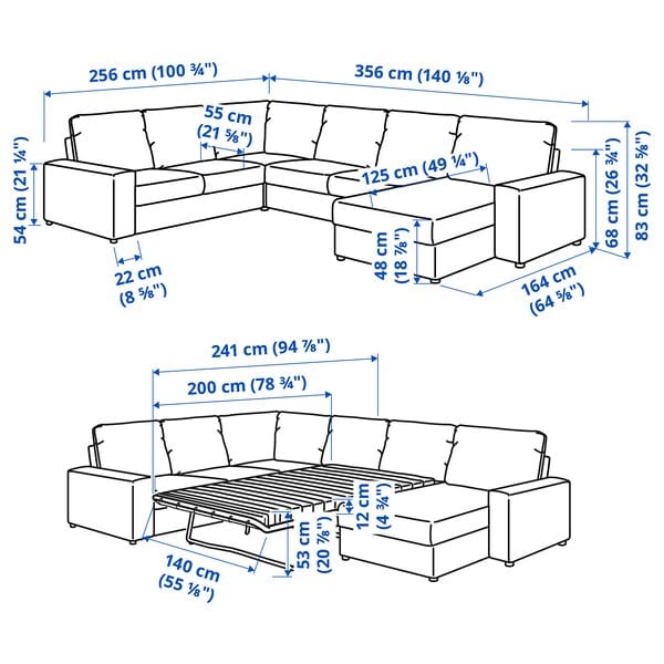 Ikea VIMLE - 5 seater ang 5 seater sofa bed/chaise-lon, with wide armrests/Djuparp dark green