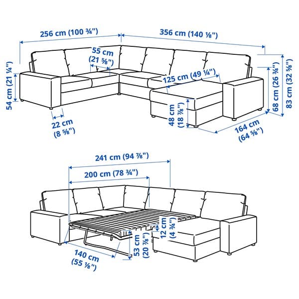 Ikea VIMLE - 5 seater ang 5 seater sofa bed/chaise-lon, with wide armrests/Hillared beige ,