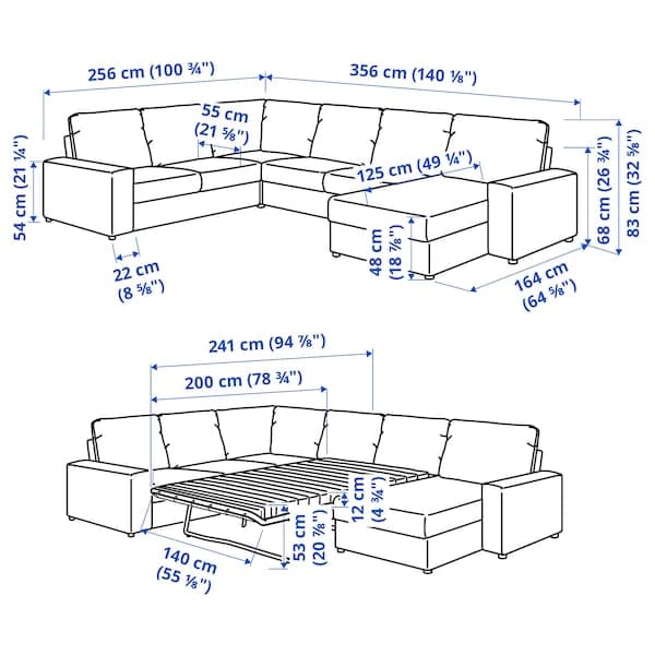 Ikea VIMLE - 5 seater ang 5 seater sofa bed/chaise-lon, with wide armrests/Lejde grey/black ,