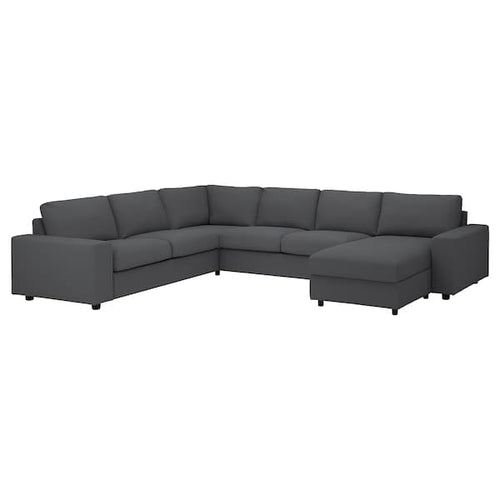 VIMLE Cover for corner sofa, 5-seater, with chaise longue with wide armrests / Hallarp gray ,