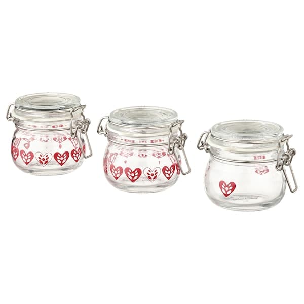 VINTERFINT - Jar with lid, heart pattern clear glass/red