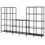 VITTSJÖ storage combination, black-brown/glass, 300x36x175 cm