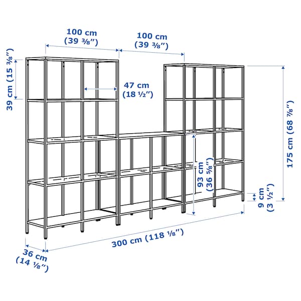 Ikea VITTSJÖ - Storage combination, black-brown/glass, 300x36x175 cm