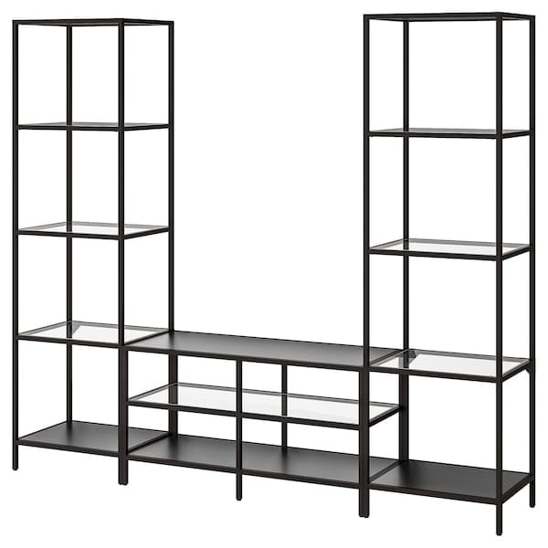 VITTSJÖ - TV storage combination, black-brown/glass, 202x36x175 cm