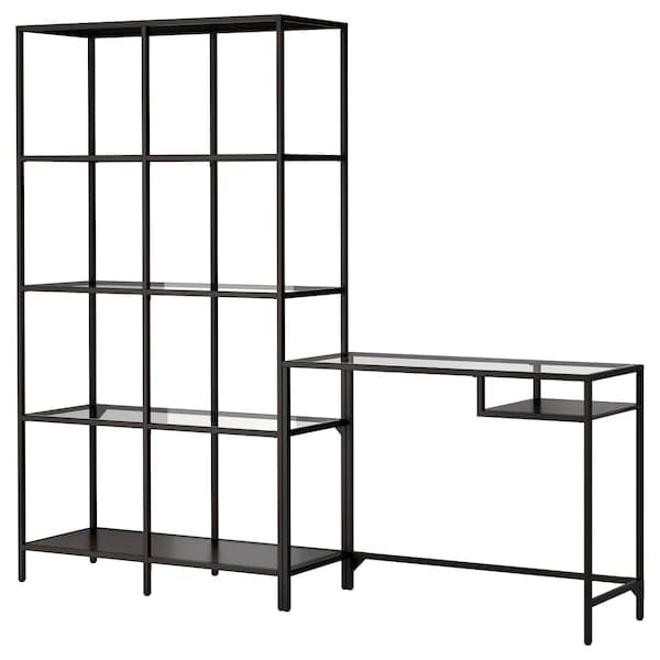 Ikea VITTSJÖ - Shelving unit with laptop table, black-brown/glass, 200x36x175 cm