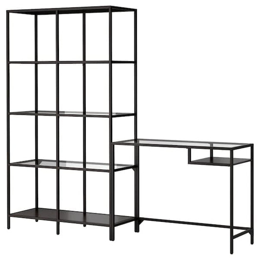 Ikea VITTSJÖ - Shelving unit with laptop table, black-brown/glass, 200x36x175 cm