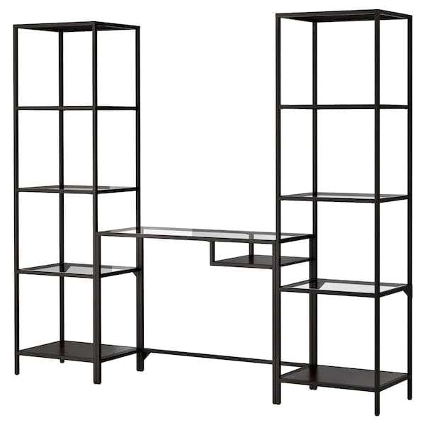 VITTSJÖ - Shelving unit with laptop table, black-brown/glass, 202x36x175 cm