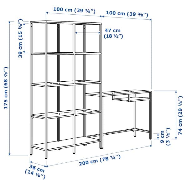 Ikea VITTSJÖ - Shelving unit with laptop table, black-brown/glass, 200x36x175 cm