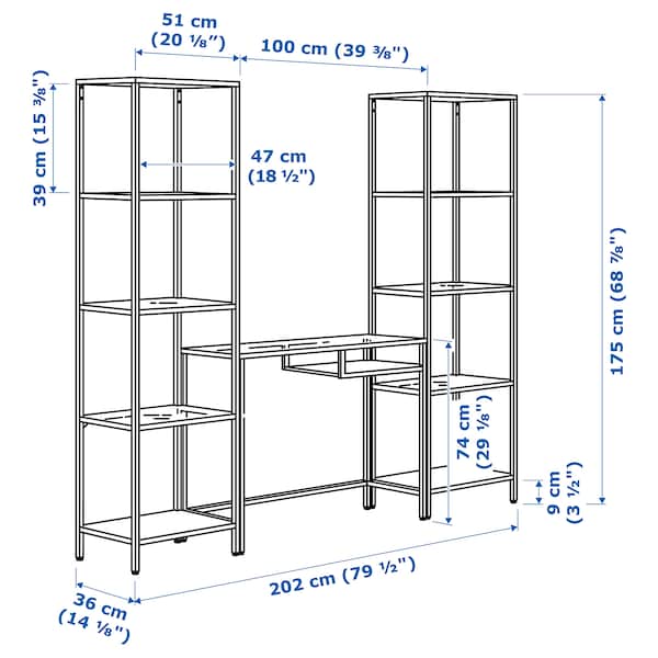 Ikea VITTSJÖ - Shelving unit with laptop table, black-brown/glass, 202x36x175 cm